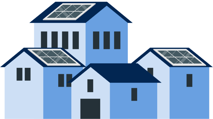 Prédios na cor azul com teto solar