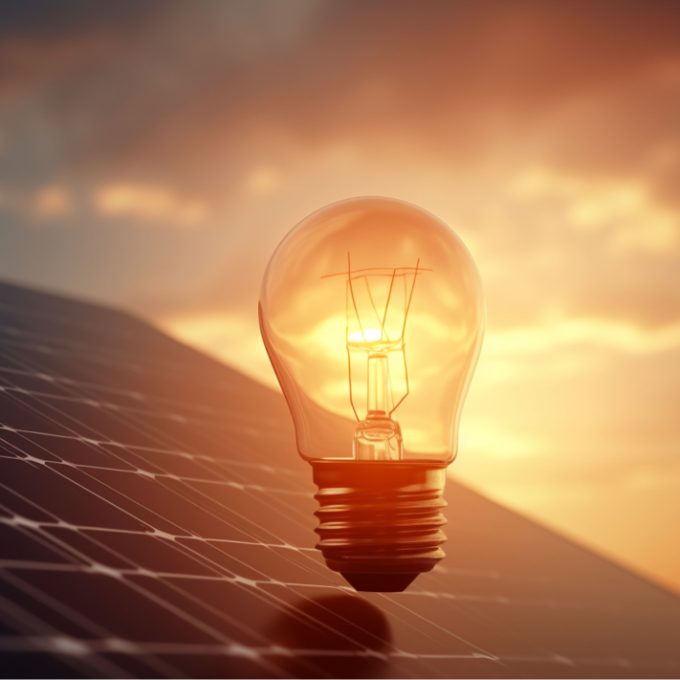 Lâmpada em evidência sobre placa solar